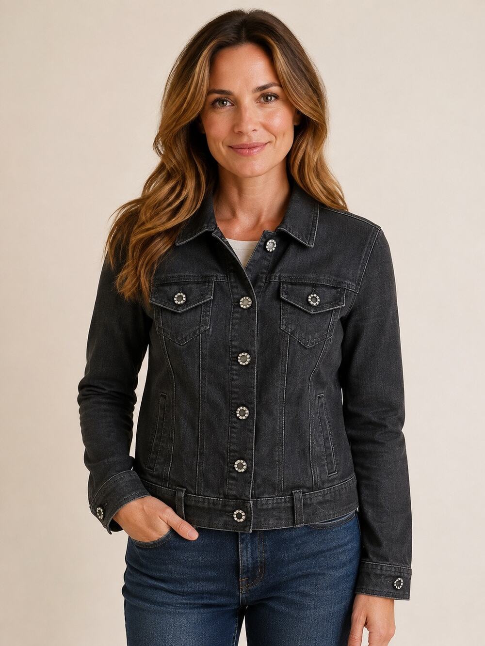Baccini Women’s M Black Denim Jacket Rhinestone Button Stretch Trucker